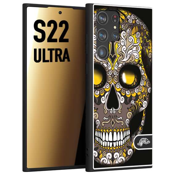 CUSTOMIZZA - Custodia cover nera morbida in tpu compatibile per Samsung S22 ULTRA teschio messicano Mexican skull nero giallo