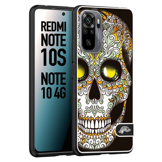 CUSTOMIZZA - Custodia cover nera morbida in tpu compatibile per Xiaomi Redmi Note 10S teschio messicano Mexican skull bianco verde giallo