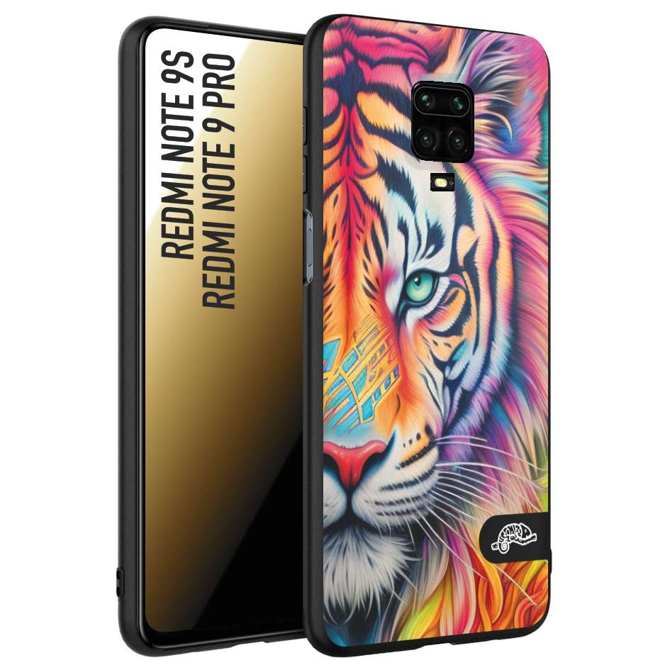 CUSTOMIZZA - Custodia cover nera morbida in tpu compatibile per Xiaomi Redmi Note 9S - Note 9 PRO animali color tigre tiger viso colori vibranti disegnato schizzo