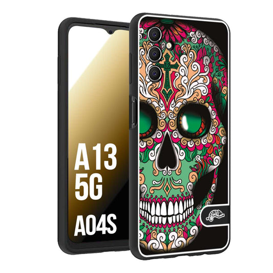 CUSTOMIZZA - Custodia cover nera morbida in tpu compatibile per Samsung A04S - A13 5G teschio messicano Mexican skull verde fucsia