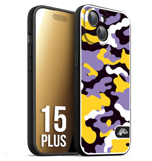 CUSTOMIZZA - Custodia cover nera morbida in tpu compatibile per iPhone 15 PLUS camouflage mimetico militare viola lilla giallo