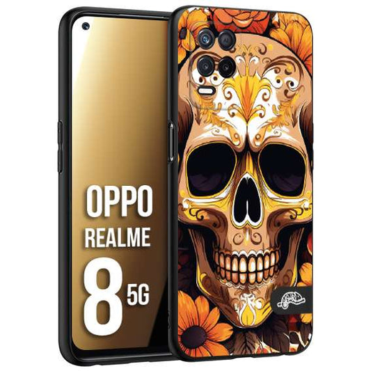 CUSTOMIZZA - Custodia cover nera morbida in tpu compatibile per Oppo Realme 8 5G teschio messicano colorato dorato fiori tattoo disegnato