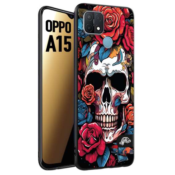 CUSTOMIZZA - Custodia cover nera morbida in tpu compatibile per Oppo A15 teschio skull flowers fiori rose rosse tattoo disegnato