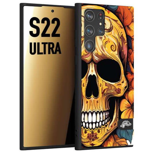 CUSTOMIZZA - Custodia cover nera morbida in tpu compatibile per Samsung S22 ULTRA teschio messicano colorato dorato fiori autunnali disegnato