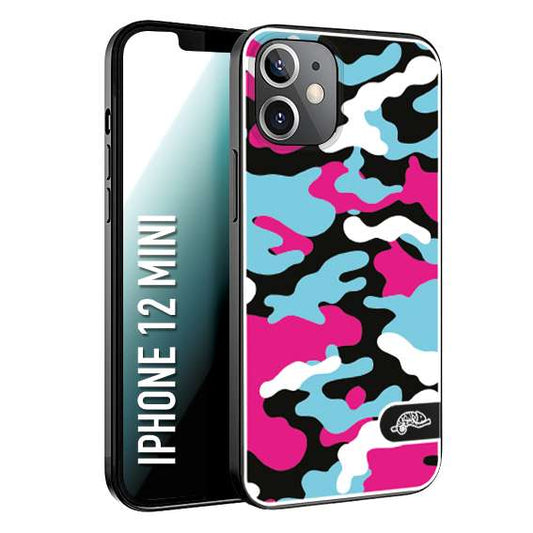 CUSTOMIZZA - Custodia cover nera morbida in tpu compatibile per iPhone 12 MINI camouflage mimetico militare fucsia celeste