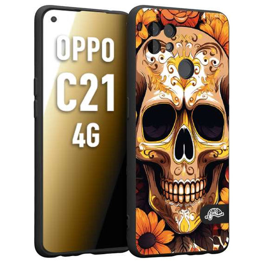 CUSTOMIZZA - Custodia cover nera morbida in tpu compatibile per Oppo Realme C21 4G teschio messicano colorato dorato fiori tattoo disegnato