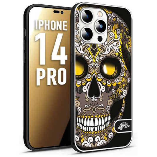 CUSTOMIZZA - Custodia cover nera morbida in tpu compatibile per iPhone 14 PRO teschio messicano Mexican skull nero giallo