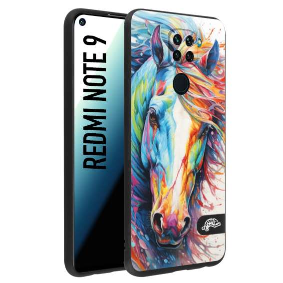 CUSTOMIZZA - Custodia cover nera morbida in tpu compatibile per Xiaomi Redmi Note 9 animali color cavallo horse viso colori vibranti disegnato schizzo