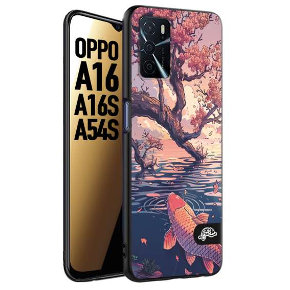 CUSTOMIZZA - Custodia cover nera morbida in tpu compatibile per Oppo A16 - A16S - A54S giapponese lago carpa koi rosa con foglie d'acero disegnata tattoo