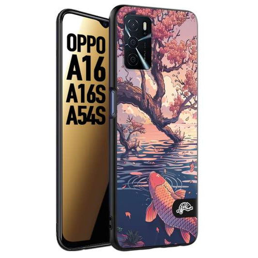 CUSTOMIZZA - Custodia cover nera morbida in tpu compatibile per Oppo A16 - A16S - A54S giapponese lago carpa koi rosa con foglie d'acero disegnata tattoo