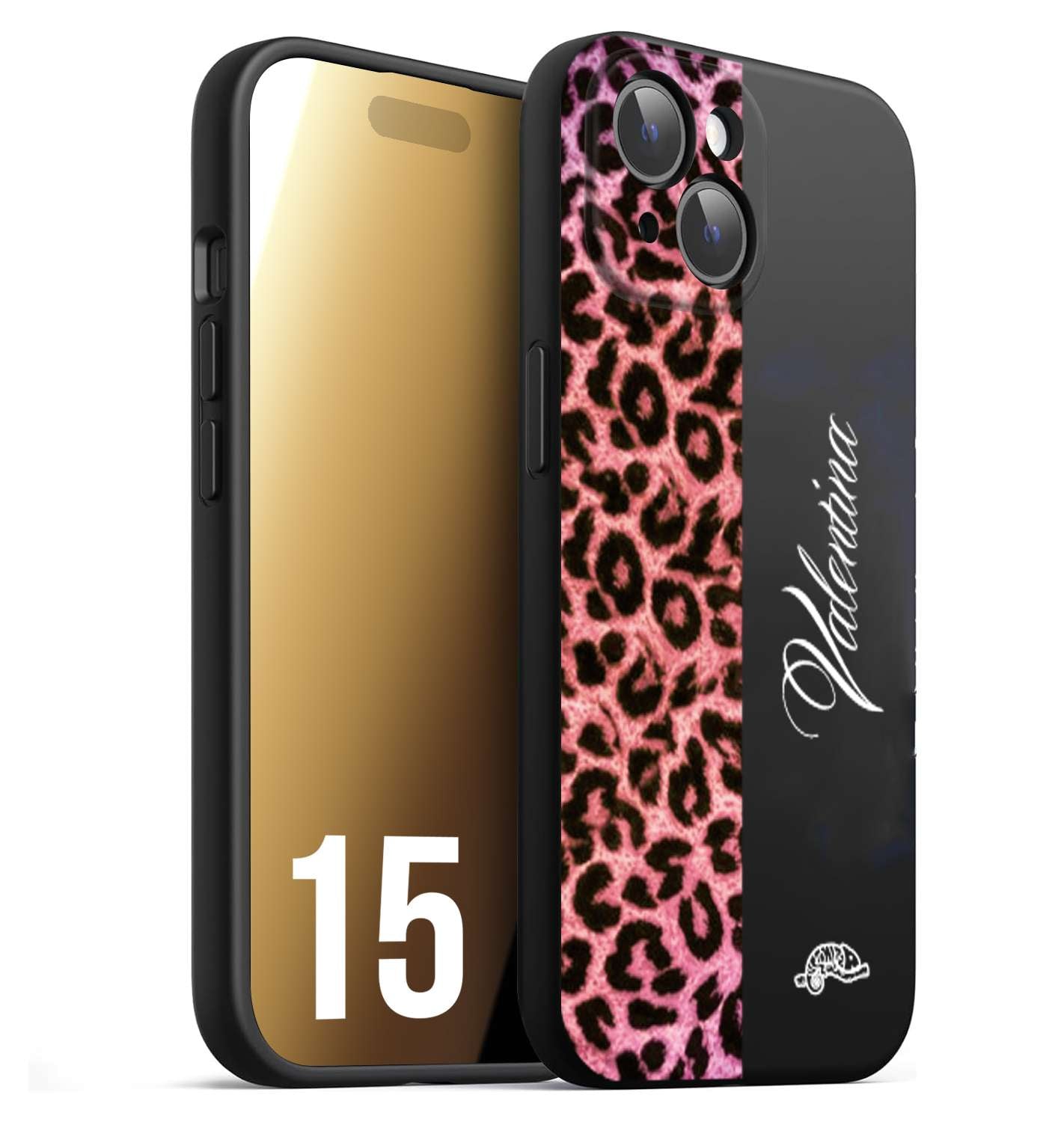 CUSTOMIZZA - Custodia cover nera morbida in tpu compatibile per iPhone 15 leopardato rosa fucsia personalizzata nome iniziali