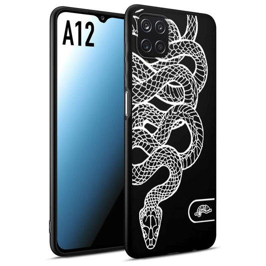 CUSTOMIZZA - Custodia cover nera morbida in tpu compatibile per Samsung A12 serpente snake bianco a rilievo disegnato tattoo tatuaggio