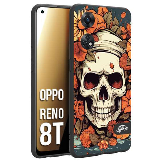 CUSTOMIZZA - Custodia cover nera morbida in tpu compatibile per Oppo Reno 8T teschio skull flowers fiori tattoo disegnato alta definizione