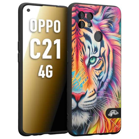 CUSTOMIZZA - Custodia cover nera morbida in tpu compatibile per Oppo Realme C21 4G animali color tigre tiger viso colori vibranti disegnato schizzo