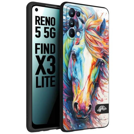 CUSTOMIZZA - Custodia cover nera morbida in tpu compatibile per Oppo Reno 5 5G animali color cavallo horse viso colori vibranti disegnato schizzo