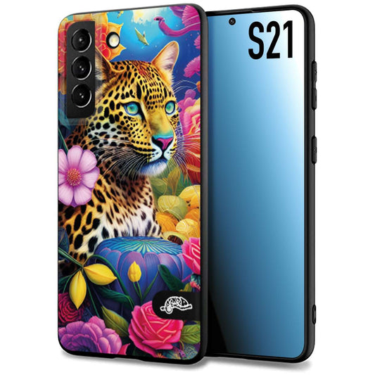 CUSTOMIZZA - Custodia cover nera morbida in tpu compatibile per Samsung S21 fiori astratti donna flower fantasia leopardo ghepardo animali colorati