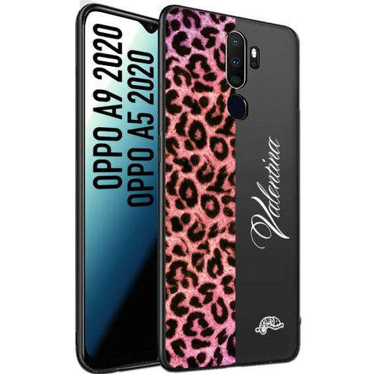 CUSTOMIZZA - Custodia cover nera morbida in tpu compatibile per Oppo A9 2020 - A5 2020 leopardato rosa fucsia personalizzata nome iniziali