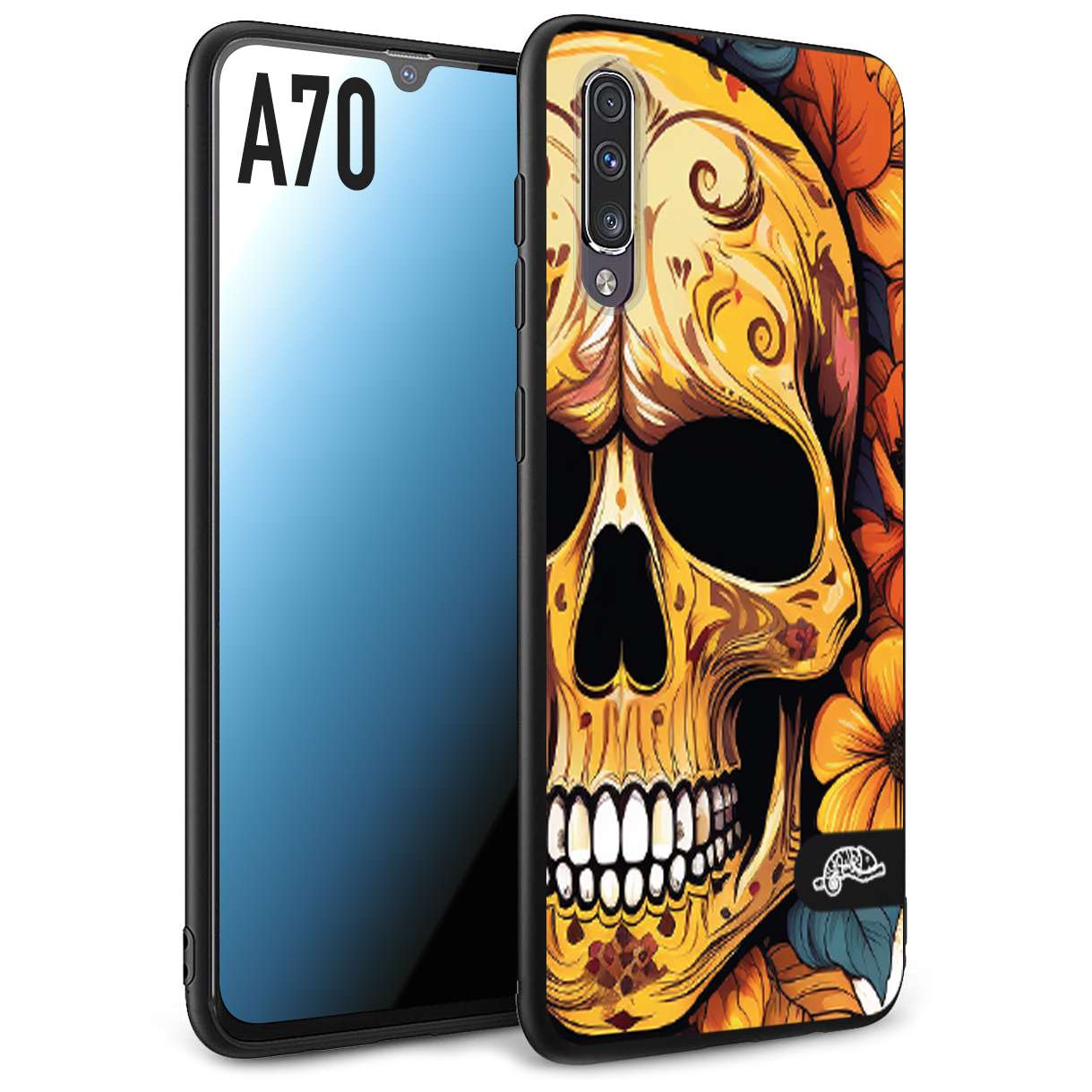 CUSTOMIZZA - Custodia cover nera morbida in tpu compatibile per Samsung A70 teschio messicano colorato dorato fiori autunnali disegnato