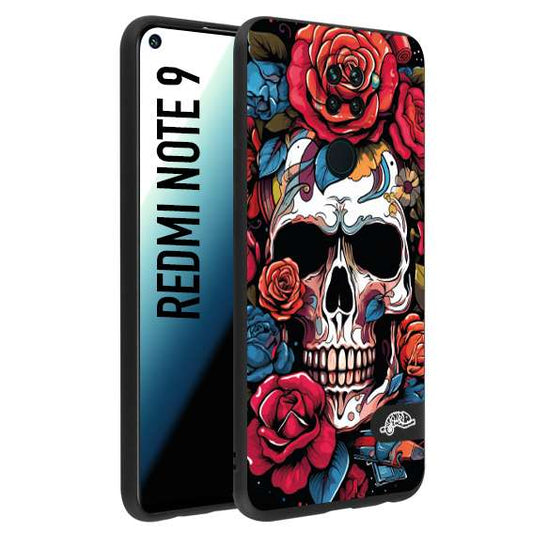 CUSTOMIZZA - Custodia cover nera morbida in tpu compatibile per Xiaomi Redmi Note 9 teschio skull flowers fiori rose rosse tattoo disegnato