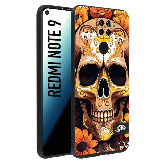 CUSTOMIZZA - Custodia cover nera morbida in tpu compatibile per Xiaomi Redmi Note 9 teschio messicano colorato dorato fiori tattoo disegnato