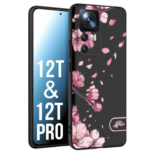 CUSTOMIZZA - Custodia cover nera morbida in tpu compatibile per Xiaomi 12T - 12T PRO giapponese fiori di ciliegio in fiore a rilievo disegnata tattoo