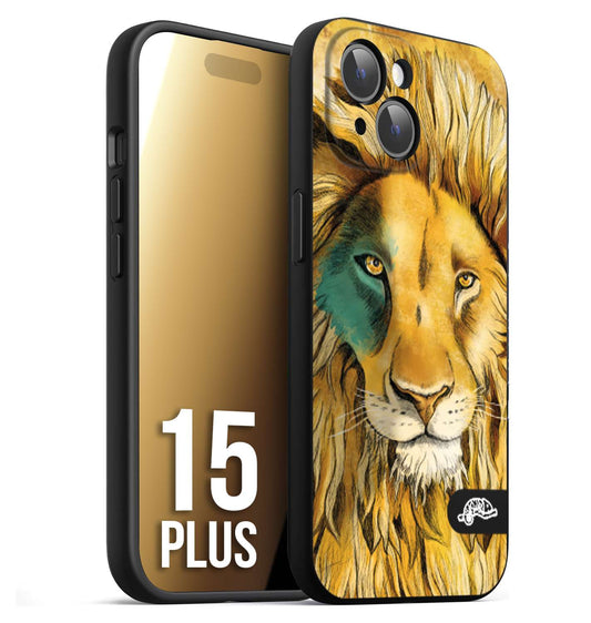 CUSTOMIZZA - Custodia cover nera morbida in tpu compatibile per iPhone 15 PLUS leone lion disegnato a mano giallo blu a rilievo artistico brown