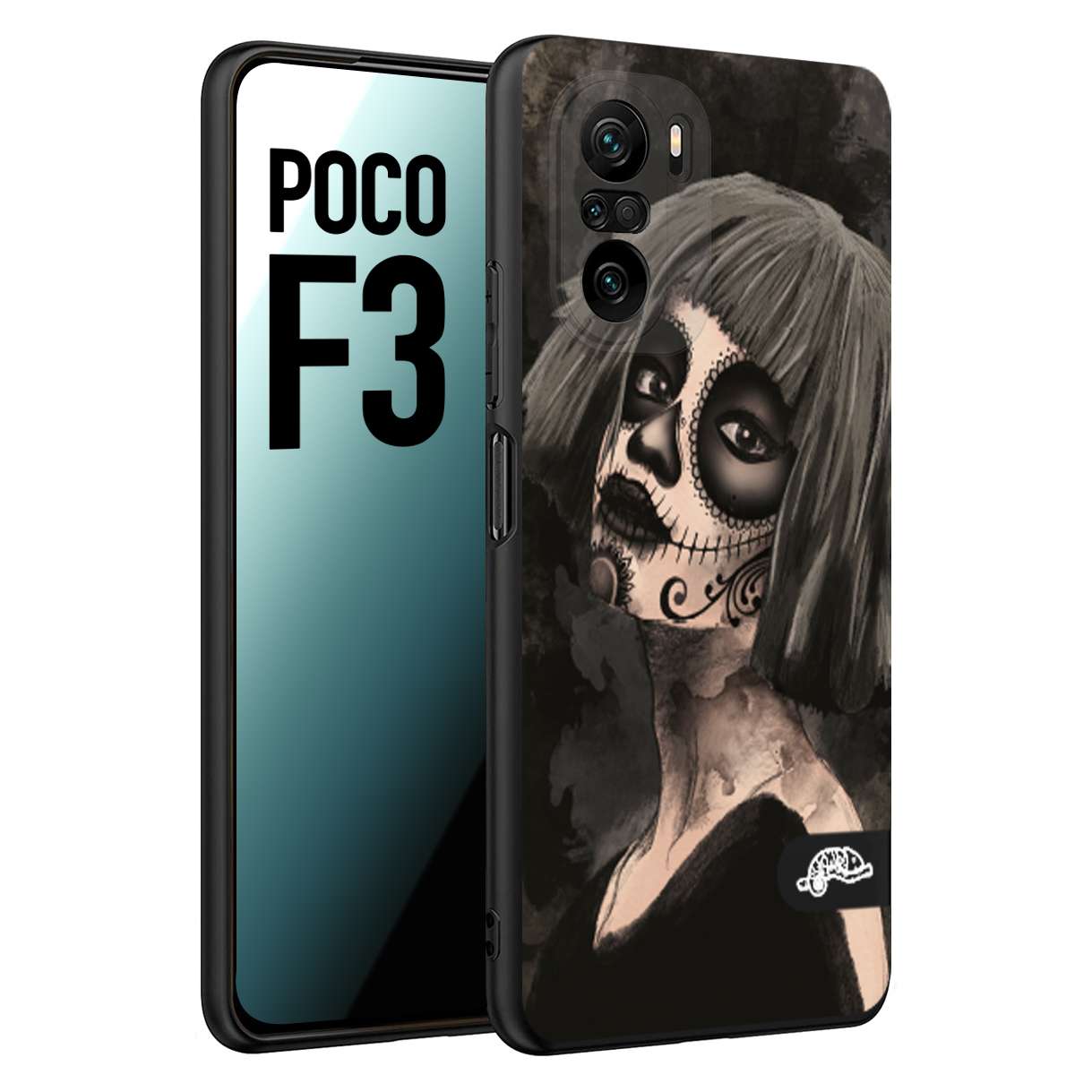 CUSTOMIZZA - Custodia cover nera morbida in tpu compatibile per Xiaomi Poco F3 chicana messicana dea de la muerte donna santa tattoo disegnata