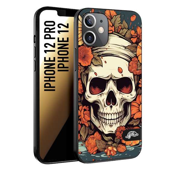 CUSTOMIZZA - Custodia cover nera morbida in tpu compatibile per iPhone 12 - 12 PRO teschio skull flowers fiori tattoo disegnato alta definizione