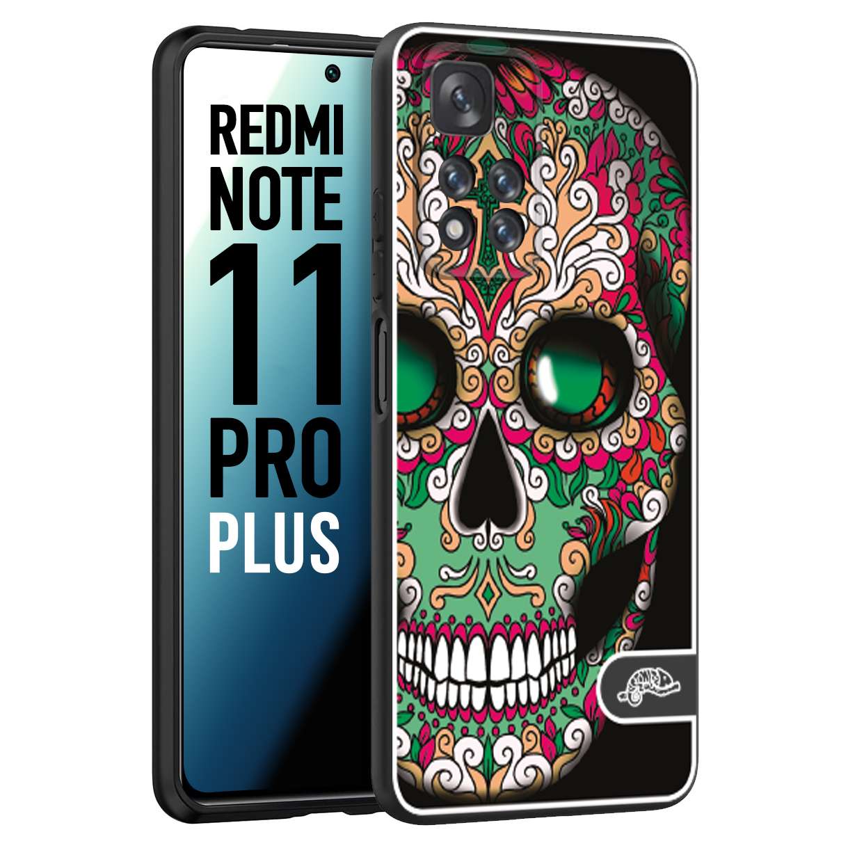 CUSTOMIZZA - Custodia cover nera morbida in tpu compatibile per Xiaomi Redmi Note 11 PRO PLUS teschio messicano Mexican skull verde fucsia