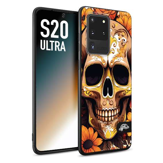 CUSTOMIZZA - Custodia cover nera morbida in tpu compatibile per Samsung S20 ULTRA teschio messicano colorato dorato fiori tattoo disegnato