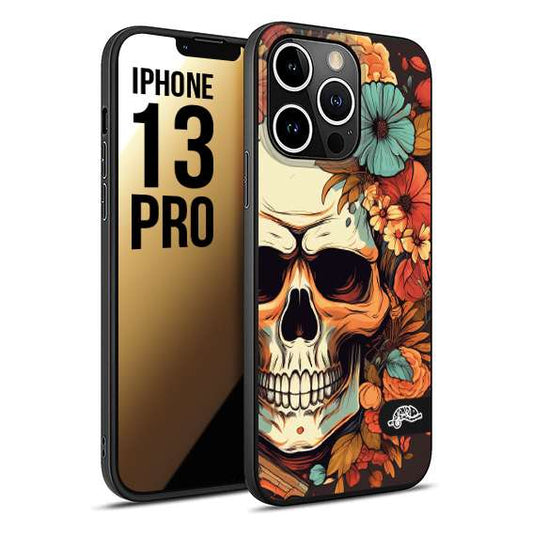 CUSTOMIZZA - Custodia cover nera morbida in tpu compatibile per iPhone 13 PRO teschio skull flowers fiori autunnali arancio celeste tattoo