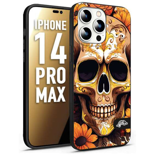 CUSTOMIZZA - Custodia cover nera morbida in tpu compatibile per iPhone 14 PRO MAX teschio messicano colorato dorato fiori tattoo disegnato