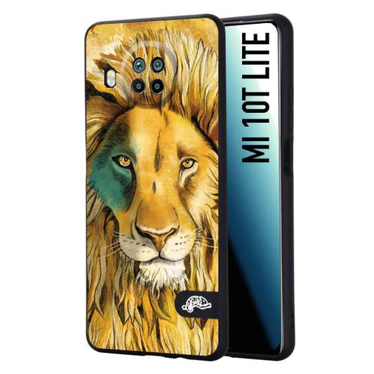 CUSTOMIZZA - Custodia cover nera morbida in tpu compatibile per Xiaomi Mi 10T LITE leone lion disegnato a mano giallo blu a rilievo artistico brown