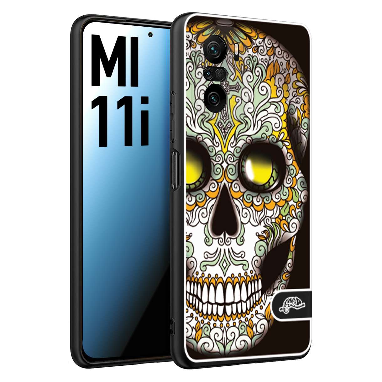 CUSTOMIZZA - Custodia cover nera morbida in tpu compatibile per Xiaomi Mi 11i teschio messicano Mexican skull bianco verde giallo