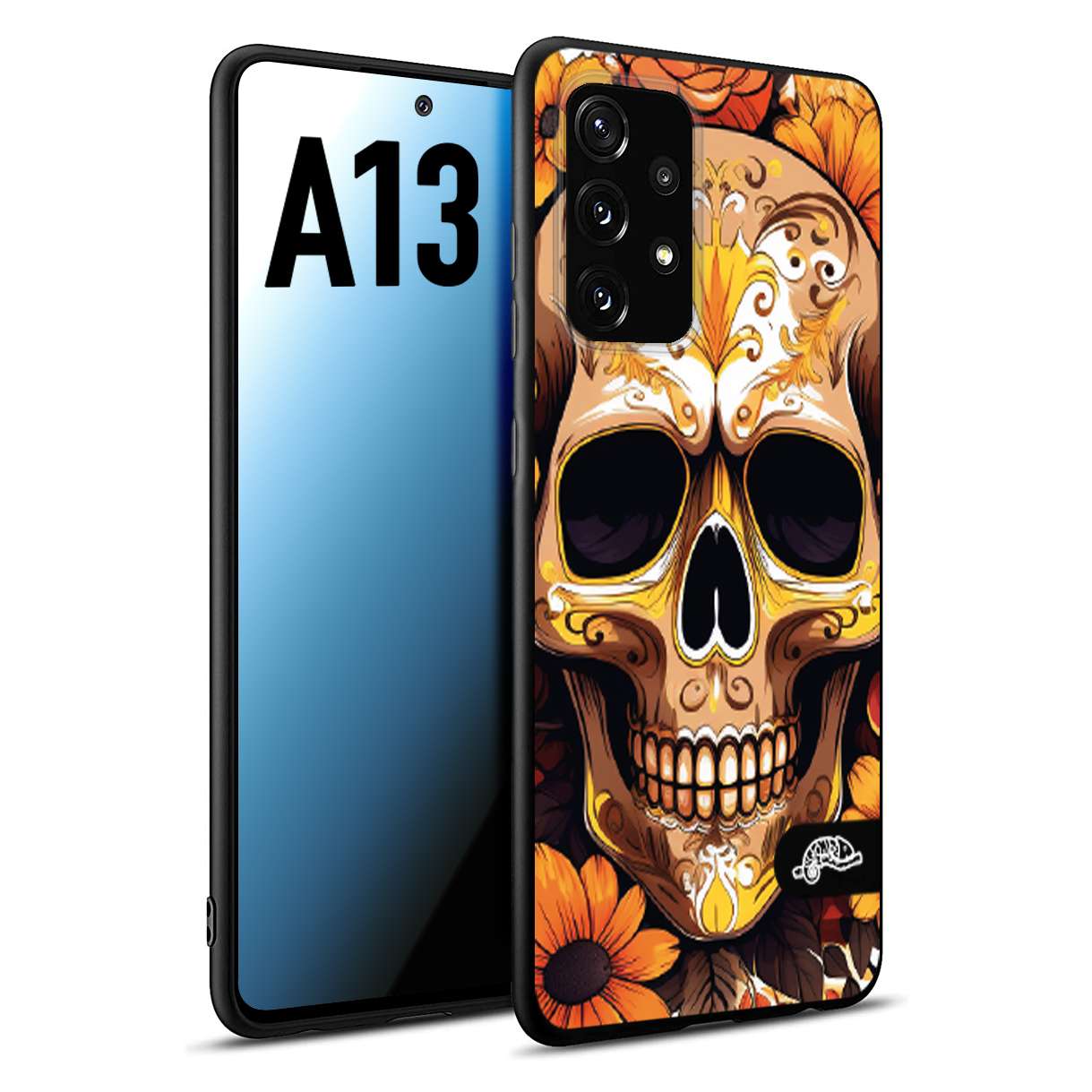 CUSTOMIZZA - Custodia cover nera morbida in tpu compatibile per Samsung A13 teschio messicano colorato dorato fiori tattoo disegnato