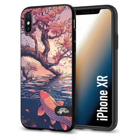 CUSTOMIZZA - Custodia cover nera morbida in tpu compatibile per iPhone Xr giapponese lago carpa koi rosa con foglie d'acero disegnata tattoo