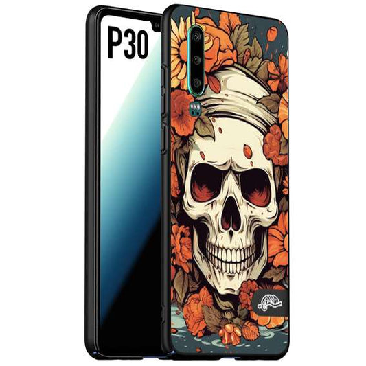 CUSTOMIZZA - Custodia cover nera morbida in tpu compatibile per Huawei P30 teschio skull flowers fiori tattoo disegnato alta definizione