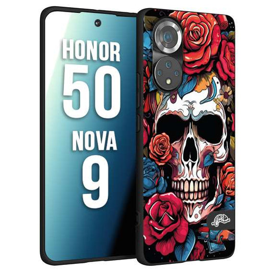 CUSTOMIZZA - Custodia cover nera morbida in tpu compatibile per Huawei Nova 9 - Honor 50 teschio skull flowers fiori rose rosse tattoo disegnato