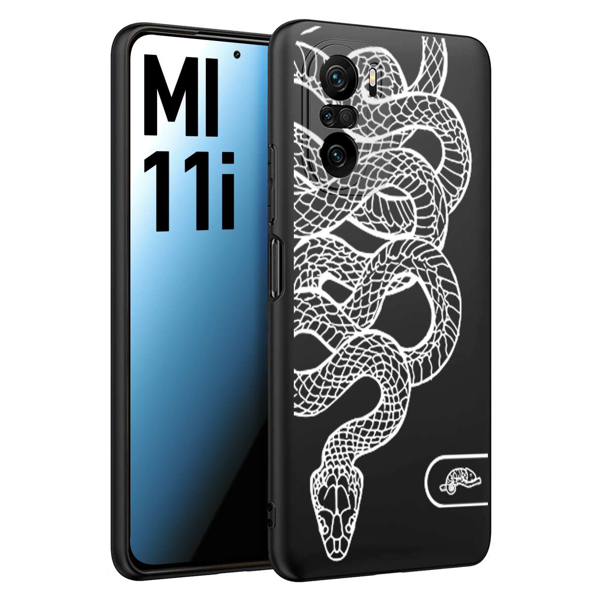 CUSTOMIZZA - Custodia cover nera morbida in tpu compatibile per Xiaomi Mi 11i serpente snake bianco a rilievo disegnato tattoo tatuaggio