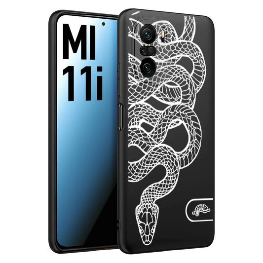 CUSTOMIZZA - Custodia cover nera morbida in tpu compatibile per Xiaomi Mi 11i serpente snake bianco a rilievo disegnato tattoo tatuaggio