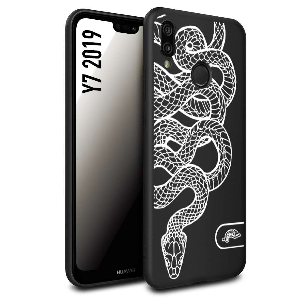 CUSTOMIZZA - Custodia cover nera morbida in tpu compatibile per Huawei Y7 2019 serpente snake bianco a rilievo disegnato tattoo tatuaggio