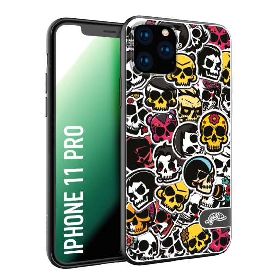 CUSTOMIZZA - Custodia cover nera morbida in tpu compatibile per iPhone 11 PRO sticker bomb teschi colorati adesivi skulls skater snowboard