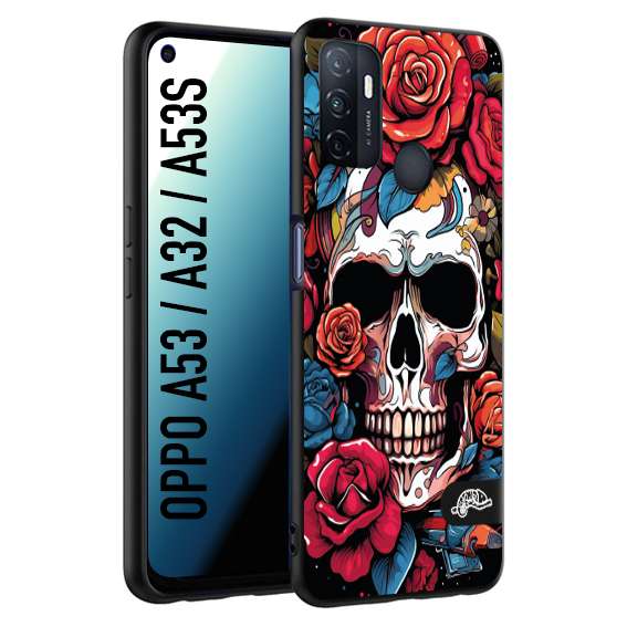 CUSTOMIZZA - Custodia cover nera morbida in tpu compatibile per Oppo A53 - A32 - A53S teschio skull flowers fiori rose rosse tattoo disegnato