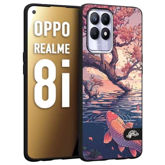 CUSTOMIZZA - Custodia cover nera morbida in tpu compatibile per Oppo Realme 8i giapponese lago carpa koi rosa con foglie d'acero disegnata tattoo