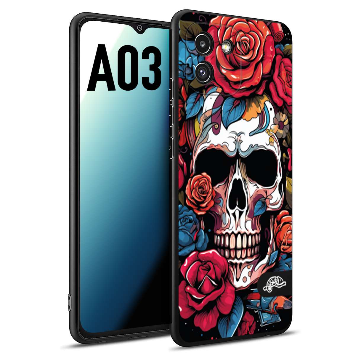 CUSTOMIZZA - Custodia cover nera morbida in tpu compatibile per Samsung A03 teschio skull flowers fiori rose rosse tattoo disegnato