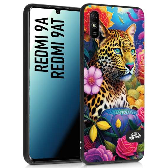 CUSTOMIZZA - Custodia cover nera morbida in tpu compatibile per Xiaomi Redmi 9A - 9AT fiori astratti donna flower fantasia leopardo ghepardo animali colorati