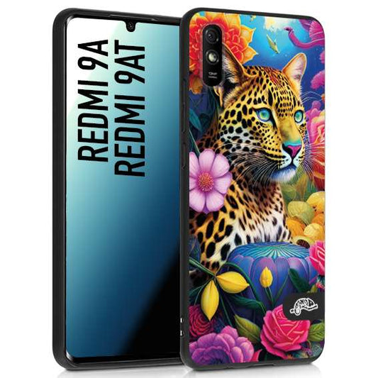 CUSTOMIZZA - Custodia cover nera morbida in tpu compatibile per Xiaomi Redmi 9A - 9AT fiori astratti donna flower fantasia leopardo ghepardo animali colorati