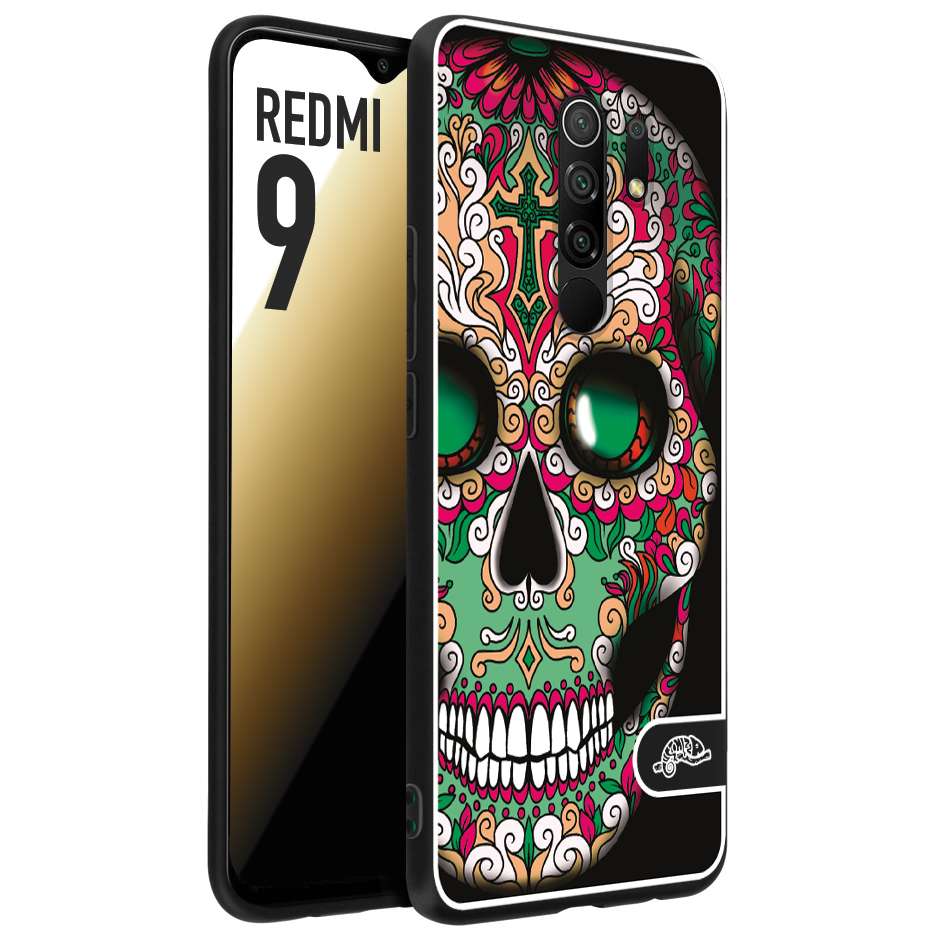 CUSTOMIZZA - Custodia cover nera morbida in tpu compatibile per Xiaomi Redmi 9 teschio messicano Mexican skull verde fucsia