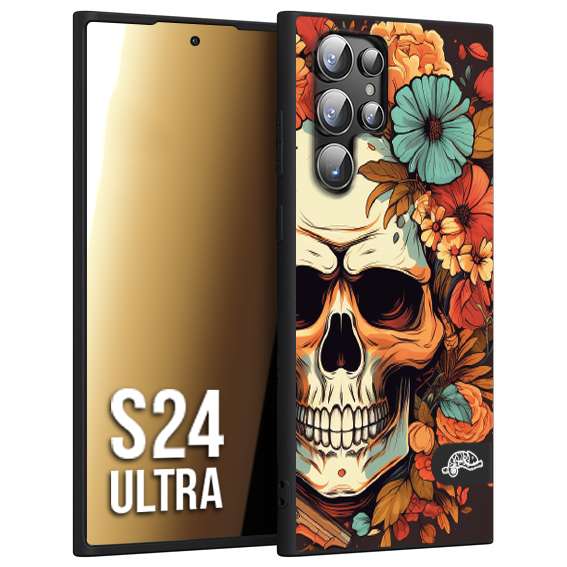 CUSTOMIZZA - Custodia cover nera morbida in tpu compatibile per Samsung S24 ULTRA teschio skull flowers fiori autunnali arancio celeste tattoo