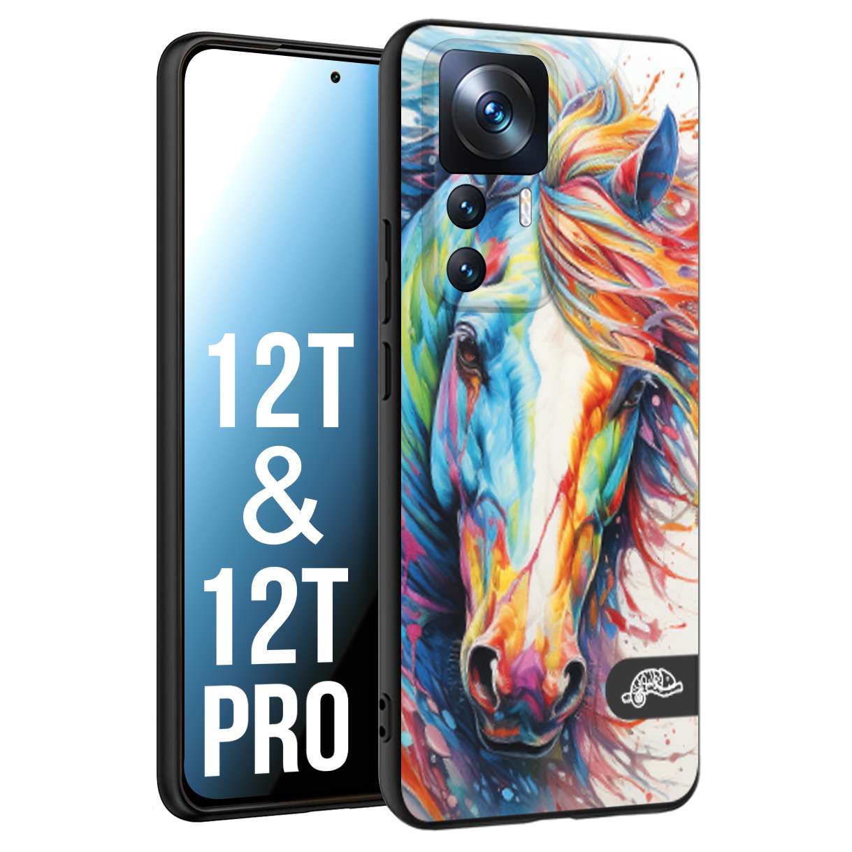 CUSTOMIZZA - Custodia cover nera morbida in tpu compatibile per Xiaomi 12T - 12T PRO animali color cavallo horse viso colori vibranti disegnato schizzo